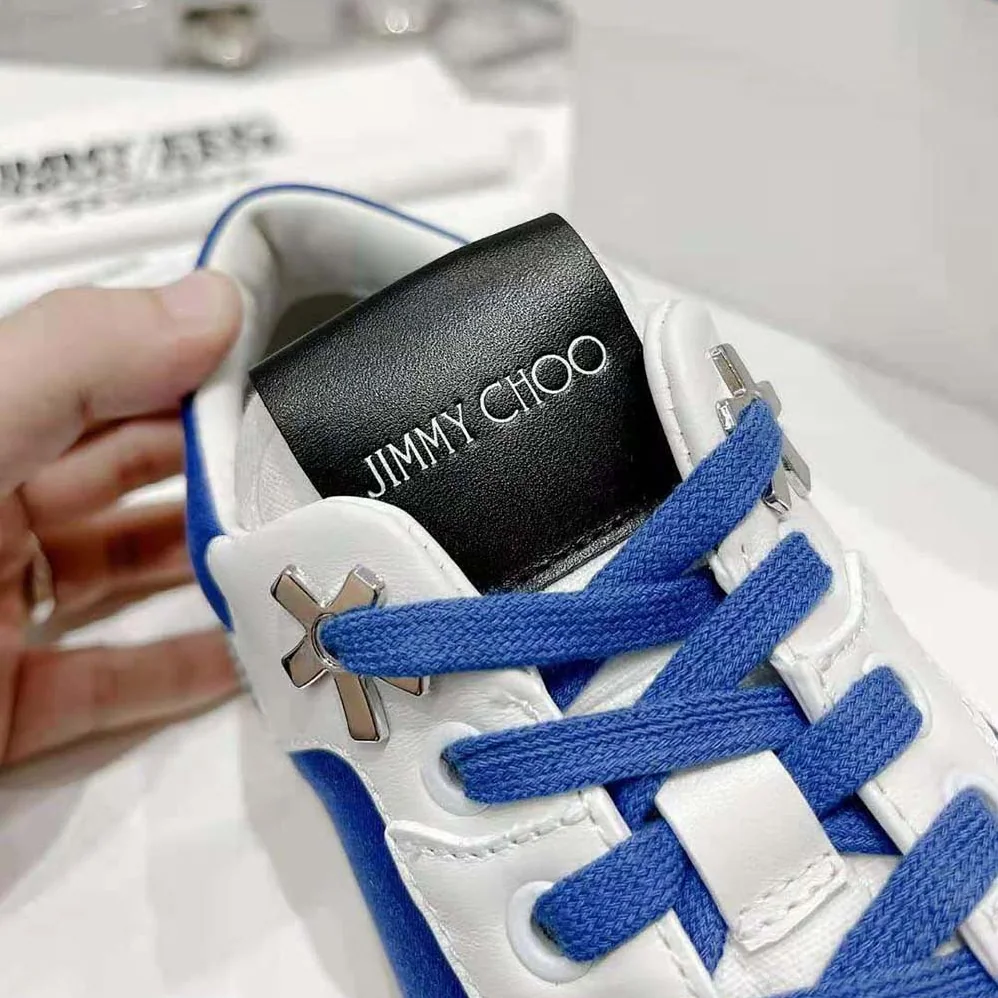 Jimmy Choo JC / Eric Haze Florent/M White Calf Leather and Blue Canvas Trainers for Unisex Jimmy Choo JC / Eric Haze Florent/M White Calf Leather and Blue Canvas Trainers for Unisex