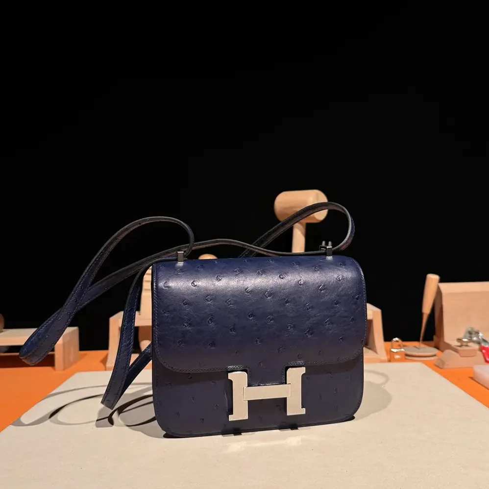 Hermes Constance 19 Bag Nata Ostrich Leather for Women in Navy/Silver