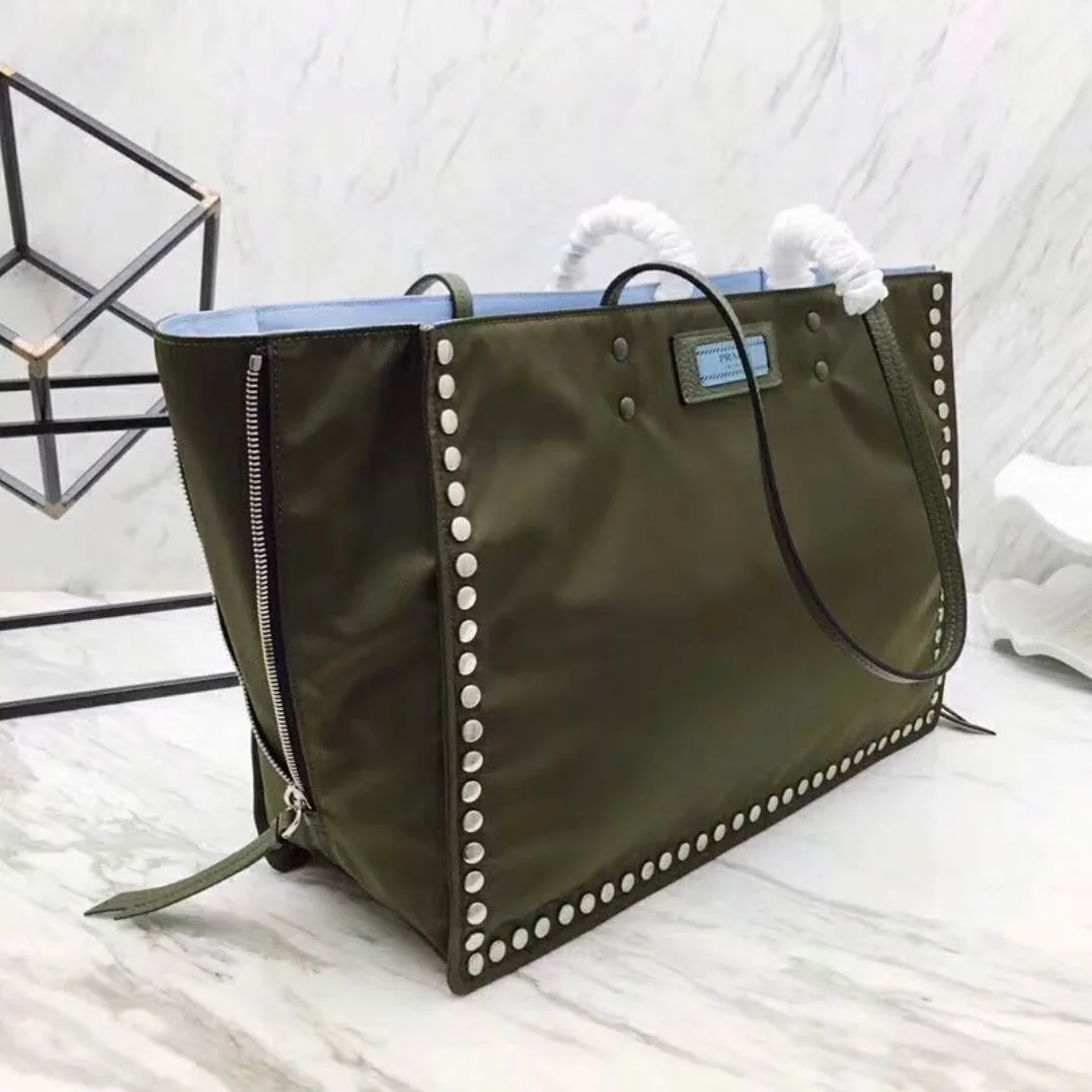 Prada Etiquette Fabric Tote with Metal Stud Trim in Olive Prada Etiquette Fabric Tote with Metal Stud Trim in Olive