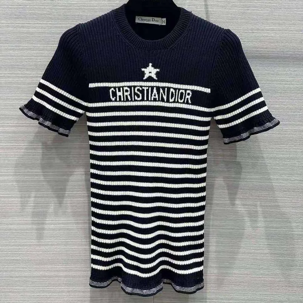 Dior Short-Sleeved Sweater Navy Blue and White Cotton Ribbed Knit with Signature for Women