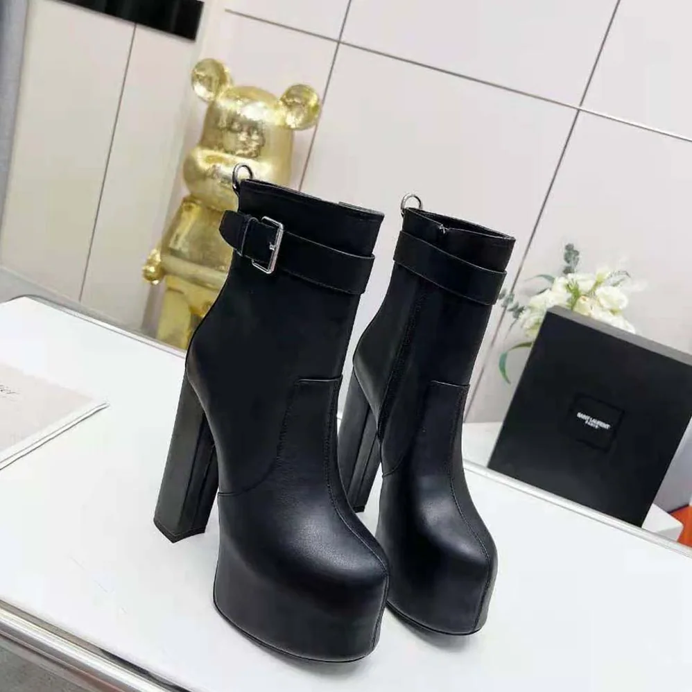 Saint Laurent YSL Cherry Buckle Platform Booties in Smooth Leather for Women
