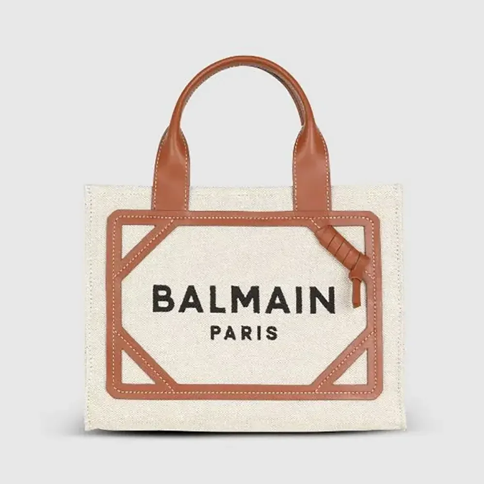 Balmain B-Army Small Canvas Shopping Bag with Leather Inserts for Women Balmain B-Army Small Canvas Shopping Bag with Leather Inserts for Women