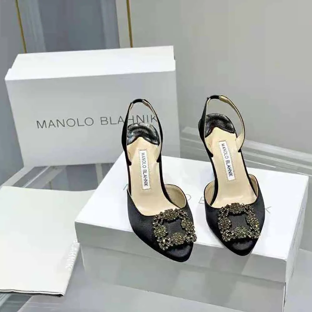 Manolo Blahnik Black Satin Jewel Buckle Slingback Pumps for Women Manolo Blahnik Black Satin Jewel Buckle Slingback Pumps for Women