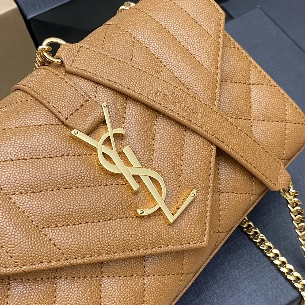 Saint Laurent YSL Envelope Small in Matelasse Lambskin for Women in Brown Saint Laurent YSL Envelope Small in Matelasse Lambskin for Women in Brown
