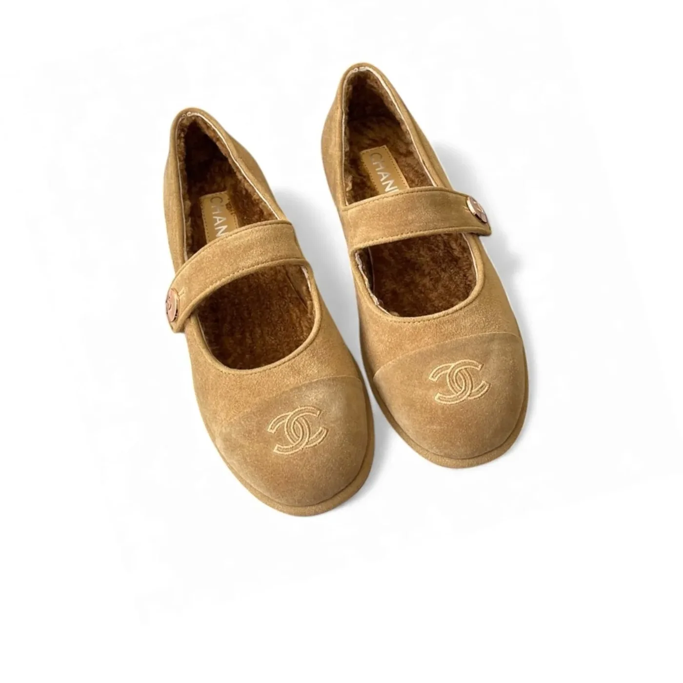 Chanel Mary Jane Flats Tan Suede Shearling