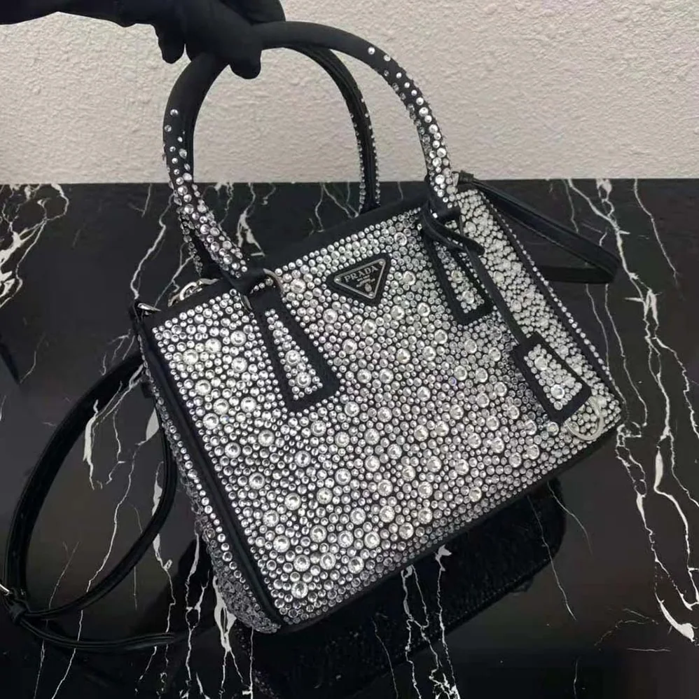 Prada Galleria Satin Mini-Bag with Crystals for Women in Black Prada Galleria Satin Mini-Bag with Crystals for Women in Black