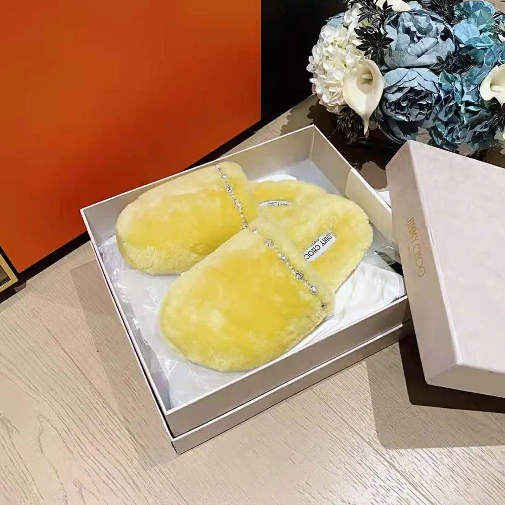 Jimmy Choo Aliette Flat Mimosa Shearling Slippers for Women in Yellow Jimmy Choo Aliette Flat Mimosa Shearling Slippers for Women in Yellow