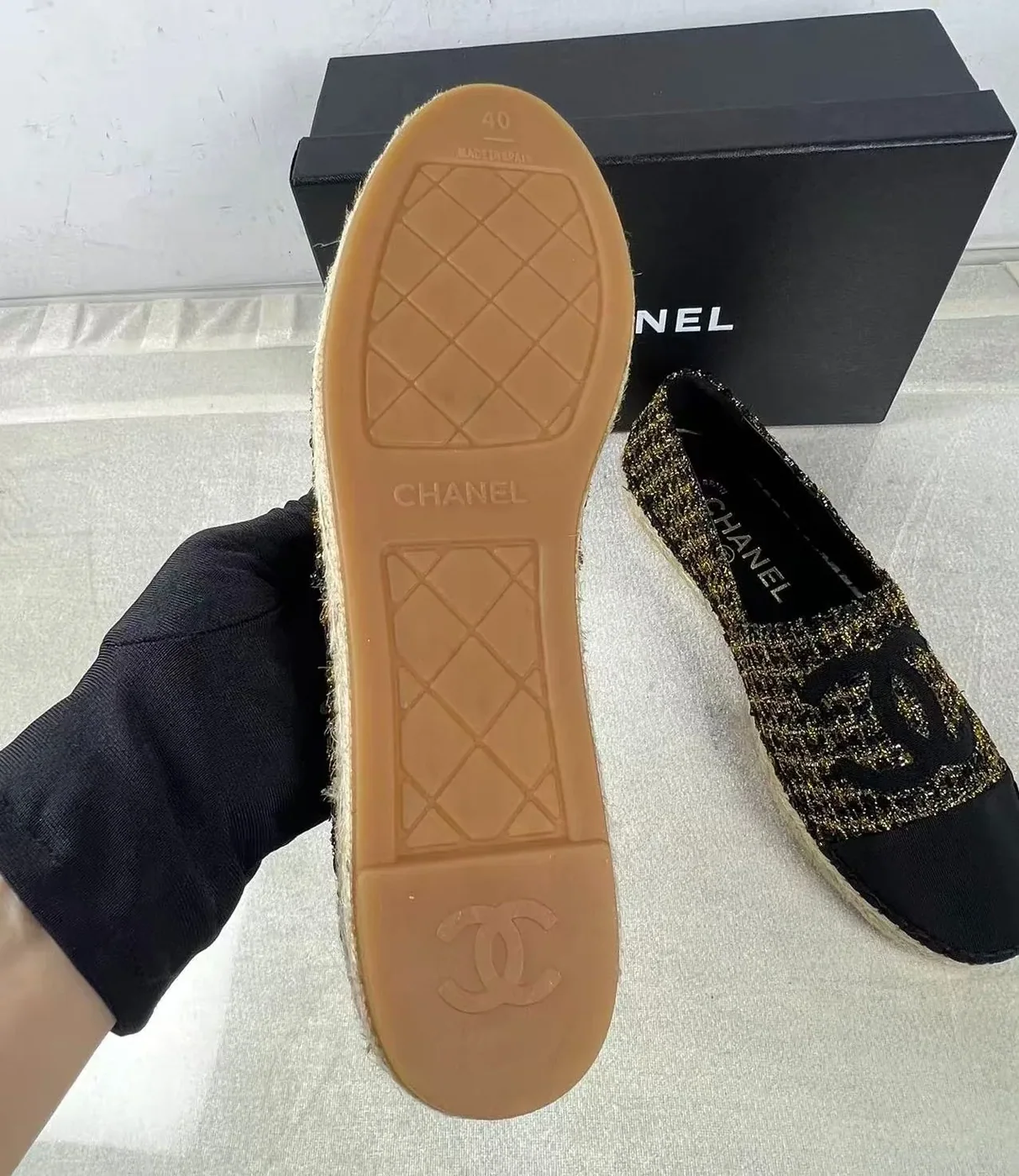 Chanel Espadrilles Tweed Black in Gold Chanel Espadrilles Tweed Black in Gold