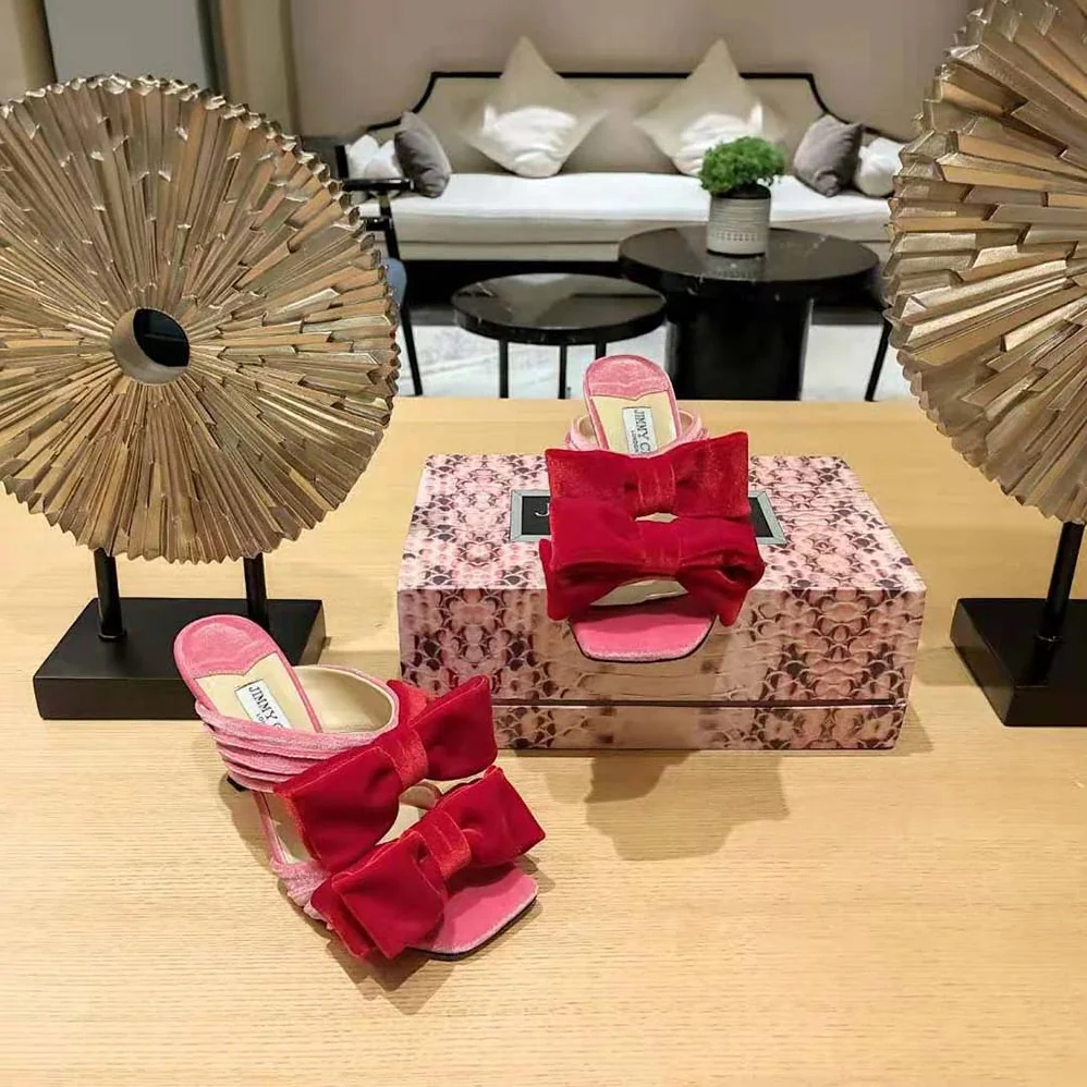 Jimmy Choo Flaca Sandal 100 Candy Pink Velvet Sandal with Bow for Women Jimmy Choo Flaca Sandal 100 Candy Pink Velvet Sandal with Bow for Women