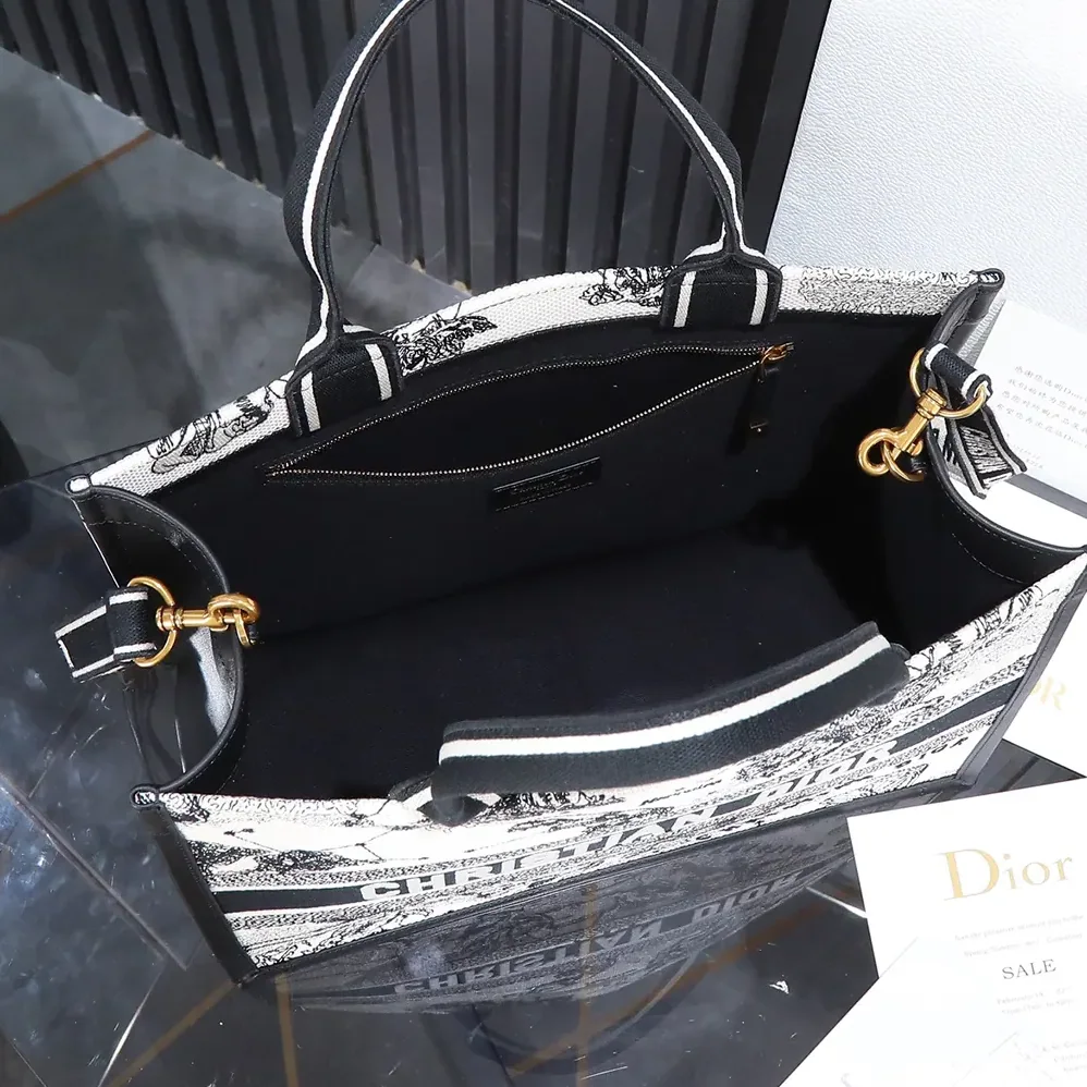 Dior Medium Dior Book Tote Latte and Black Dior Zodiac Embroidery with Black Calfskin for Women
