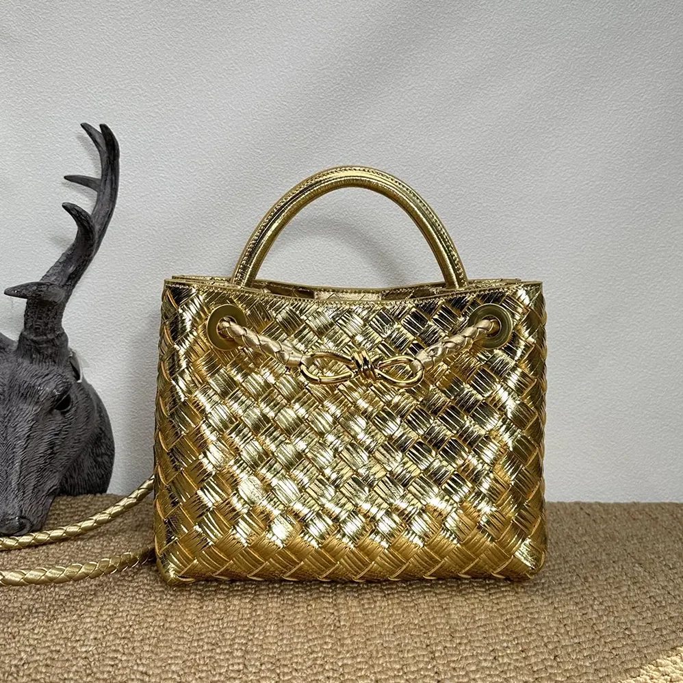 Bottega Veneta Small Andiamo Handle Bag in Intrecciato Leather for Women in Gold