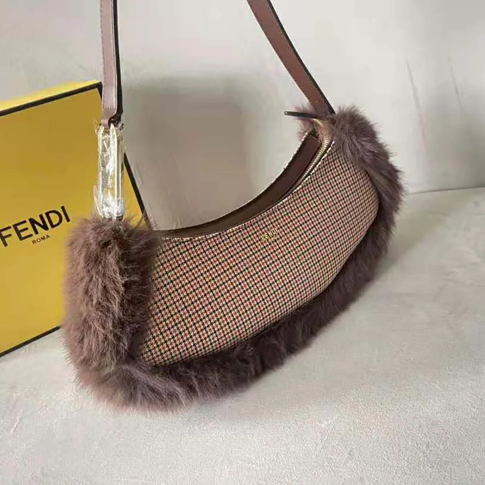 Fendi O'Lock Swing Brown Houndstooth Wool and Fox Fur Pouch for Women Fendi O'Lock Swing Brown Houndstooth Wool and Fox Fur Pouch for Women