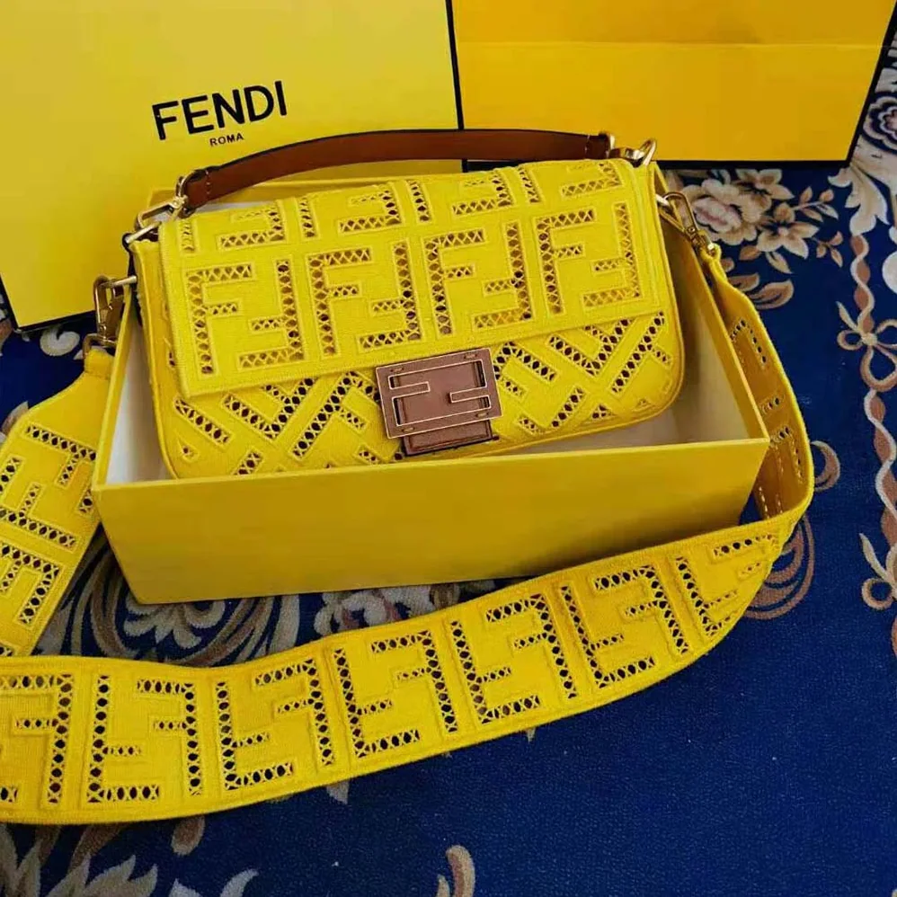 Fendi Baguette Canvas Bag with Embroidery for Women in Yellow Fendi Baguette Canvas Bag with Embroidery for Women in Yellow