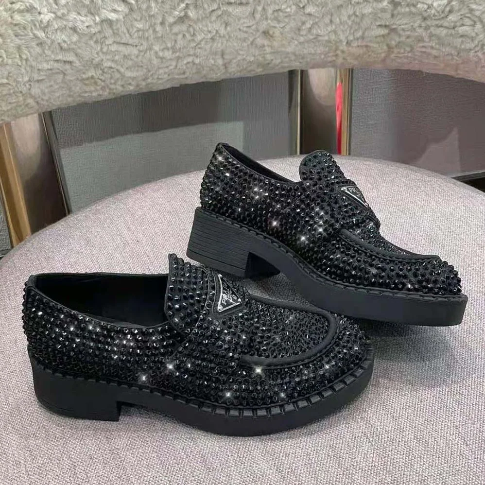 Prada Chocolate Satin Loafers with Crystals for Women in Black Prada Chocolate Satin Loafers with Crystals for Women in Black