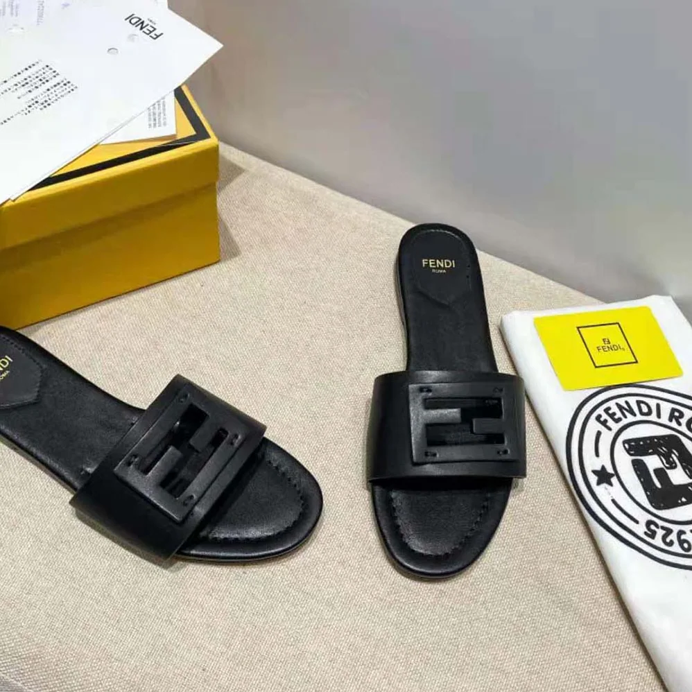 Fendi Signature Black Leather Slides in 0.4 inches Heel Height for Women