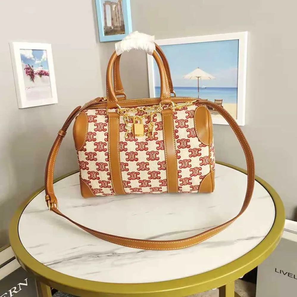 Celine Small Boston Bag in Textile With Triomphe Embroidery for Women