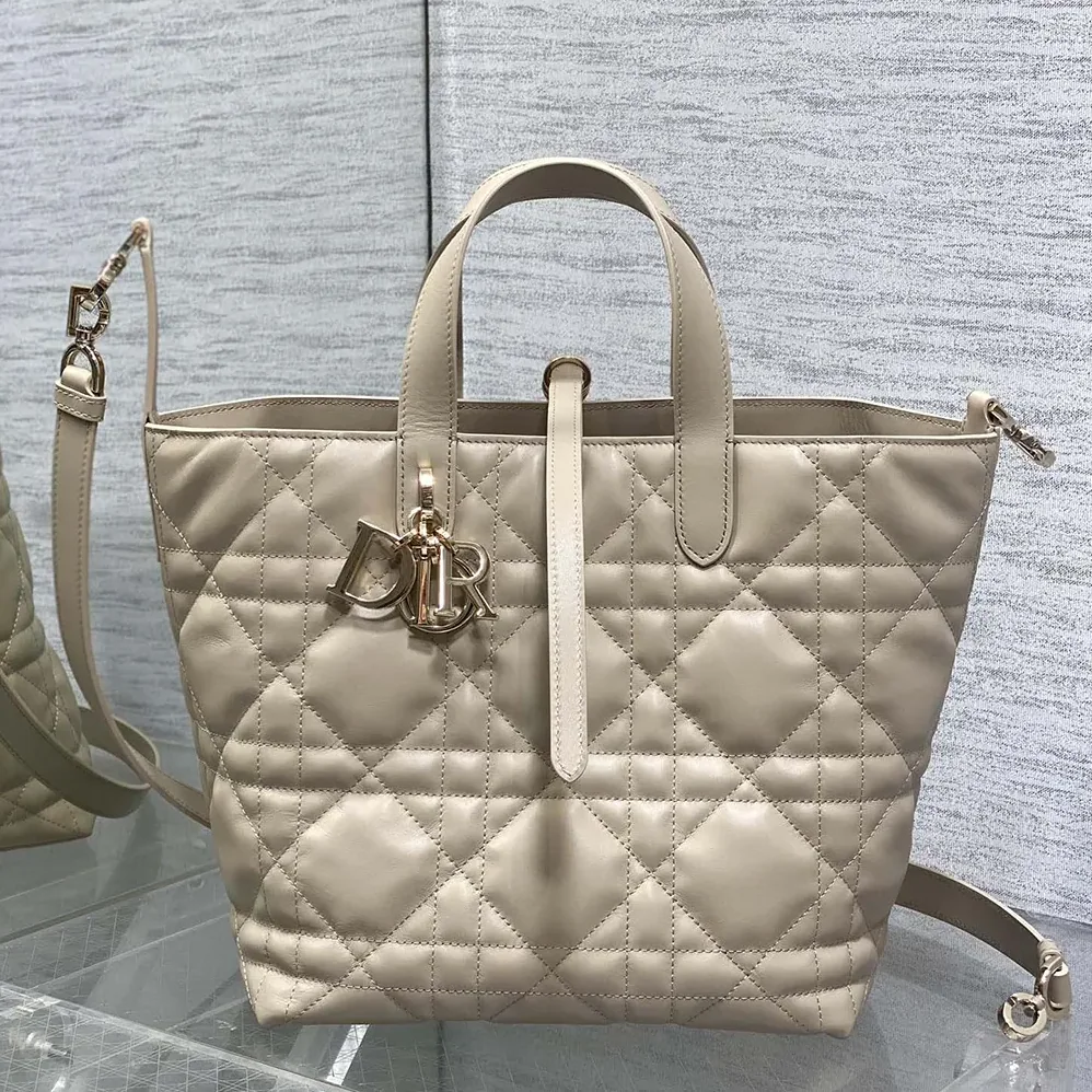 Dior Medium Dior Toujours Vertical Tote Bag Powder Beige Macrocannage Calfskin for Women