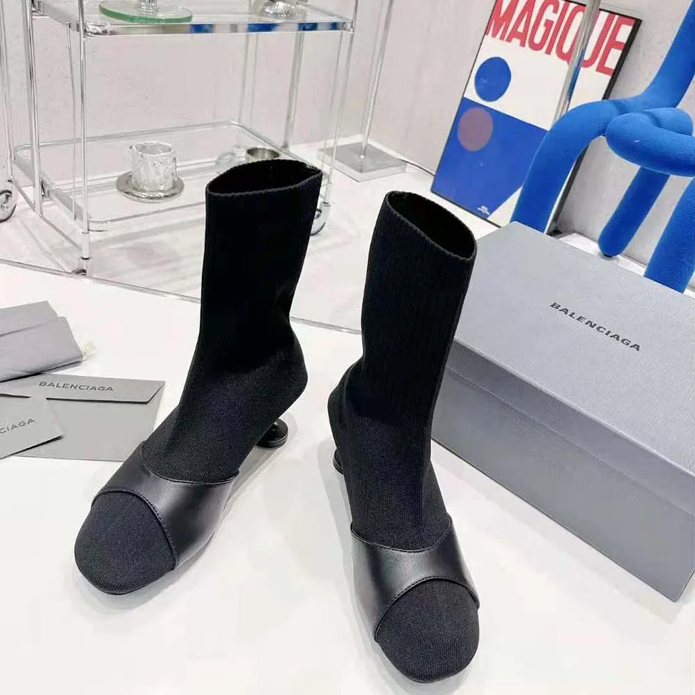 Balenciaga Sock 50mm Bootie in Black Smooth Calfskin and Black Recycled Knit for Women Balenciaga Sock 50mm Bootie in Black Smooth Calfskin and Black Recycled Knit for Women