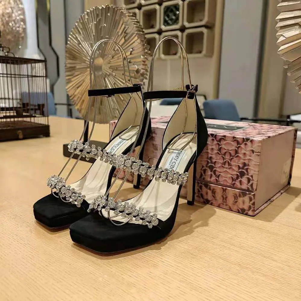 Jimmy Choo Bing Sandal 105 Black Suede Sandals with Crystal Straps for Women Jimmy Choo Bing Sandal 105 Black Suede Sandals with Crystal Straps for Women