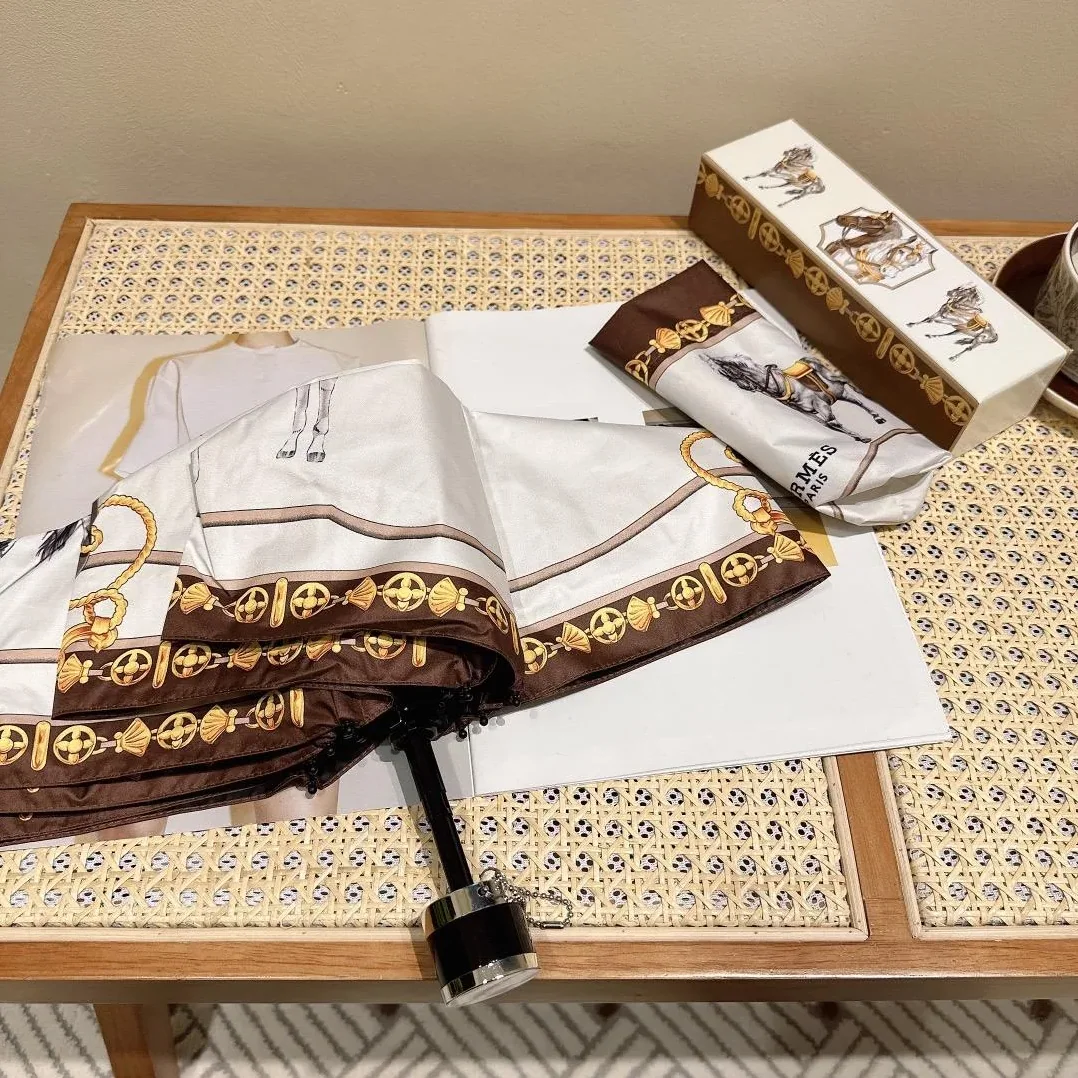 Hermes Long Umbrella With Horse Motif White Hermes Long Umbrella With Horse Motif White