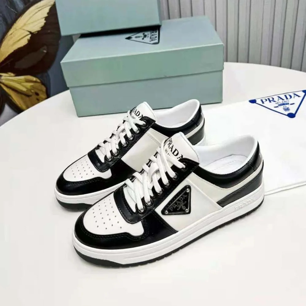 Prada Downtown Leather Sneakers for Women in White