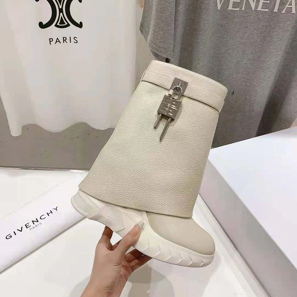 Givenchy Shark Lock Biker Ankle Boots in Grained Leather for Women in Beige