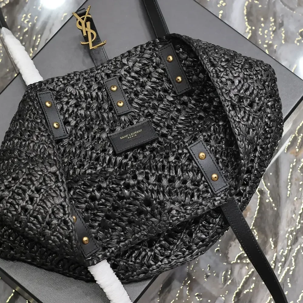 Saint Laurent YSL Panier Small in Raffia and Vegetable-tanned Leather for Women in Black