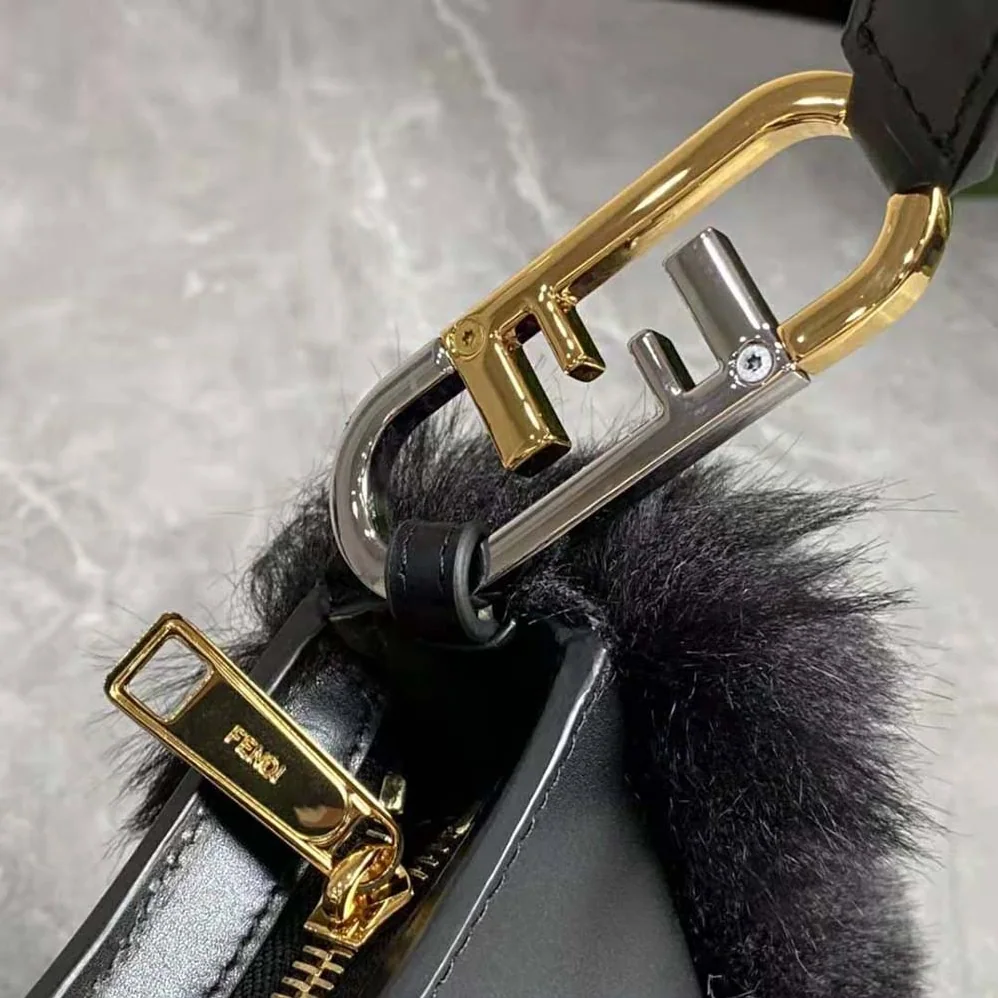 Fendi O'Lock Swing Black Fox Fur and Leather Pouch for Women Fendi O'Lock Swing Black Fox Fur and Leather Pouch for Women