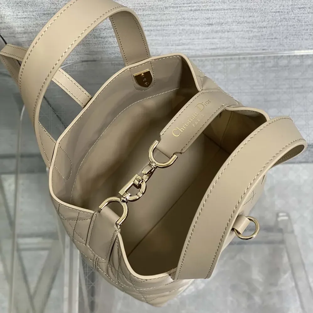 Dior Small Dior Toujours Vertical Tote Bag Powder Beige Macrocannage Calfskin for Women
