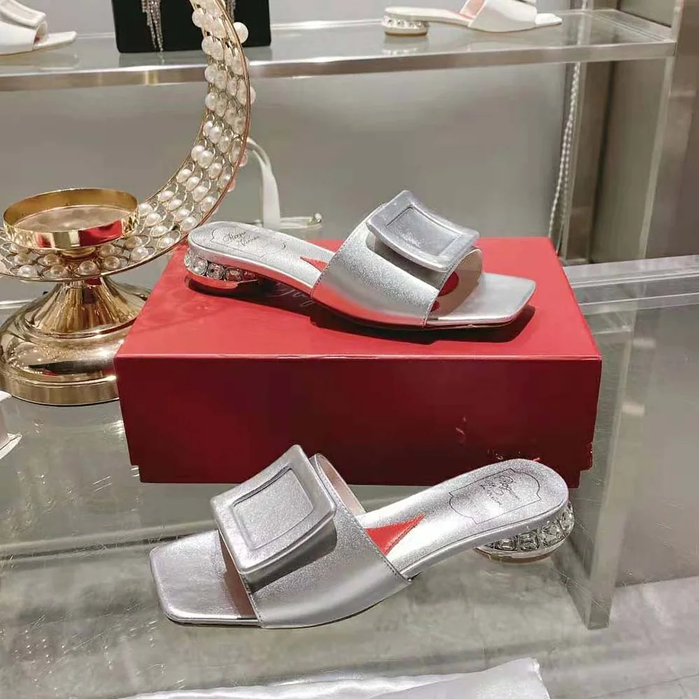 Roger Vivier Strass Heel Covered Buckle Mules in Satin for Women in Silver