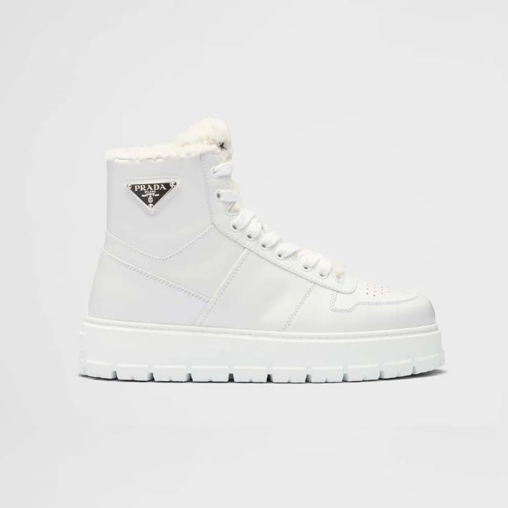 Prada Leather and Shearling High-Top Sneakers for Women in White Prada Leather and Shearling High-Top Sneakers for Women in White