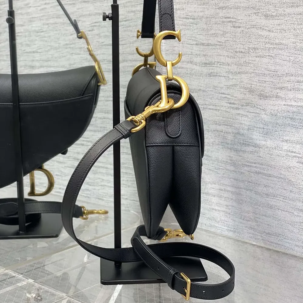 Dior Saddle Bag with Strap Black Grained Calfskin for Women