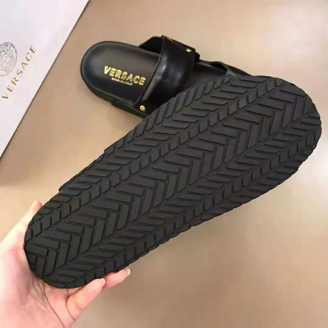 Versace Speed Logo Leather Sandals for Men in Black Versace Speed Logo Leather Sandals for Men in Black