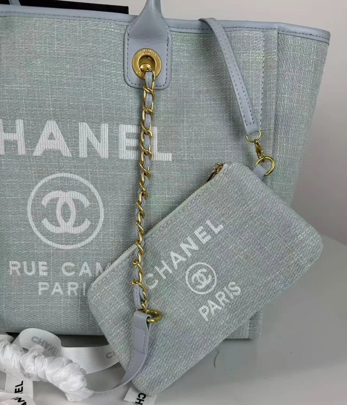 Chanel Deauville Small Tote Bag in Light Blue Gold Hardware Chanel Deauville Small Tote Bag in Light Blue Gold Hardware