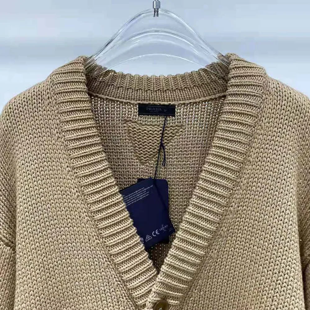 Prada Camel Hair Cardigan with Knit Triangle Logo for Women Prada Camel Hair Cardigan with Knit Triangle Logo for Women