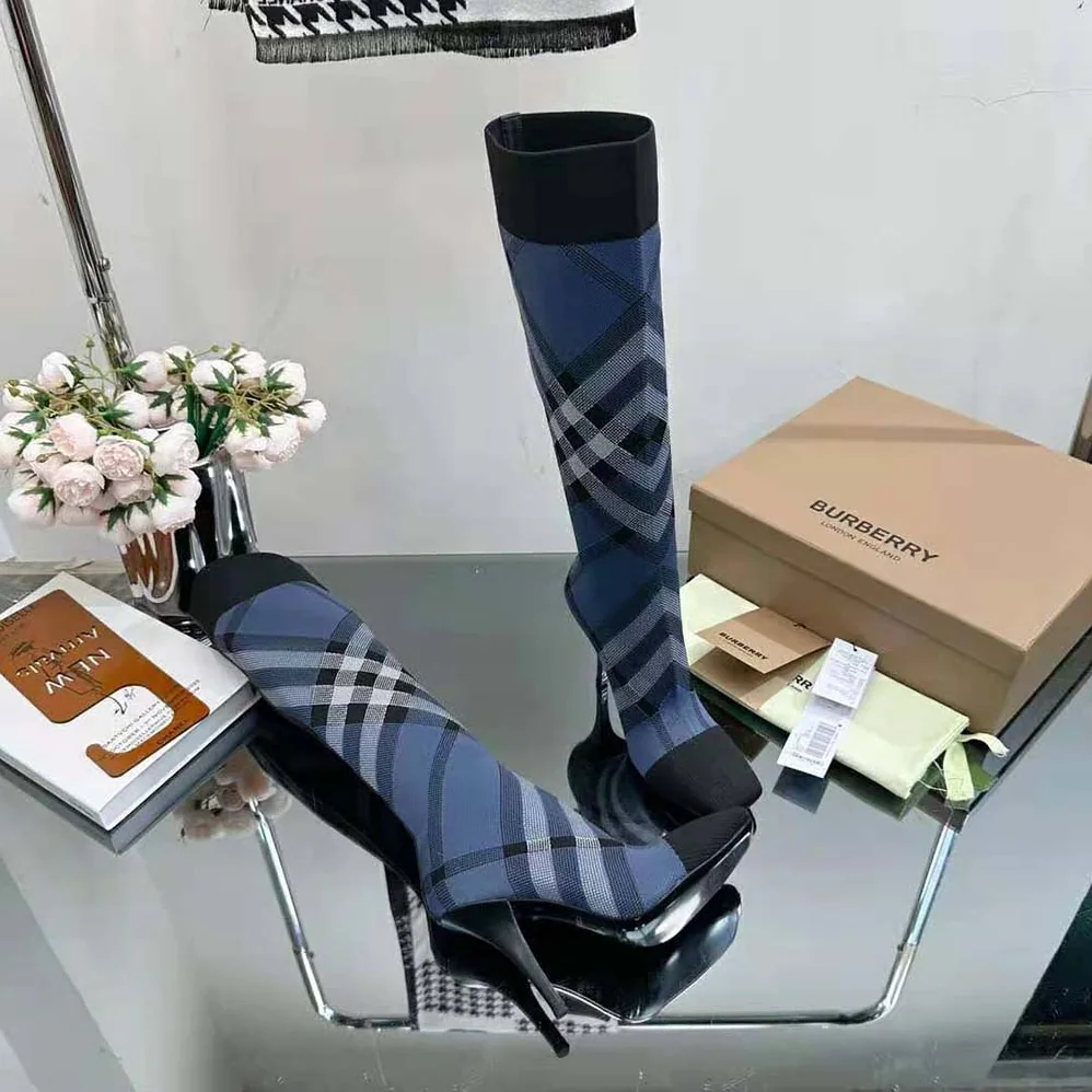 Burberry Knitted Check Sock Boots for Women in Blue Burberry Knitted Check Sock Boots for Women in Blue