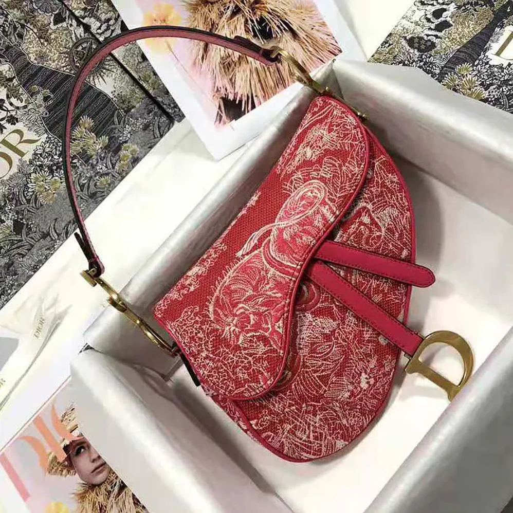 Dior Saddle Bag Toile DE Jouy Reverse Jacquard for Women in Red