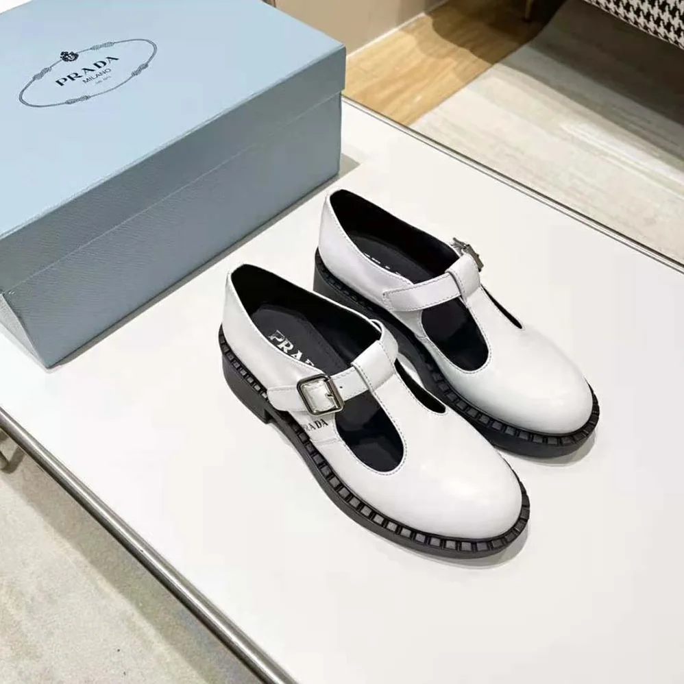 Prada Brushed-Leather Mary Jane T-Strap Shoes for Women in White Prada Brushed-Leather Mary Jane T-Strap Shoes for Women in White