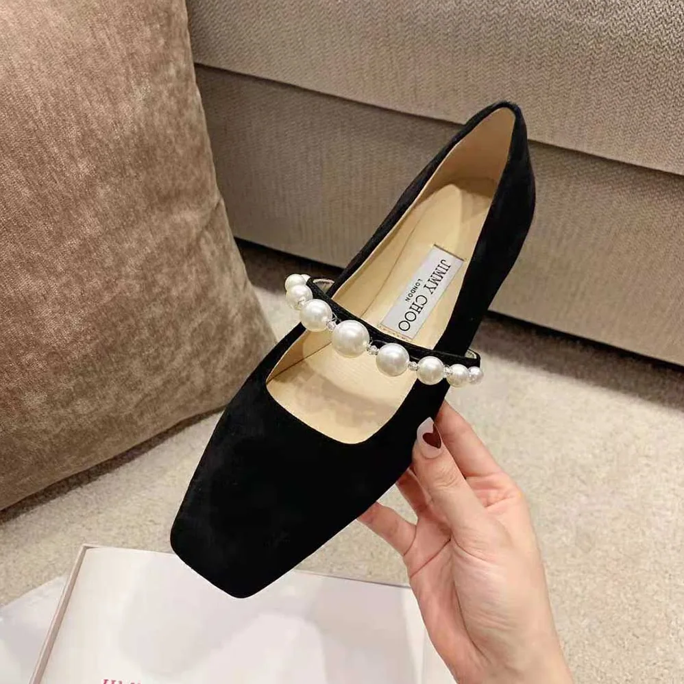 Jimmy Choo ADE Flat Black Suede Flats with Pearl Embellishment for Women Jimmy Choo ADE Flat Black Suede Flats with Pearl Embellishment for Women