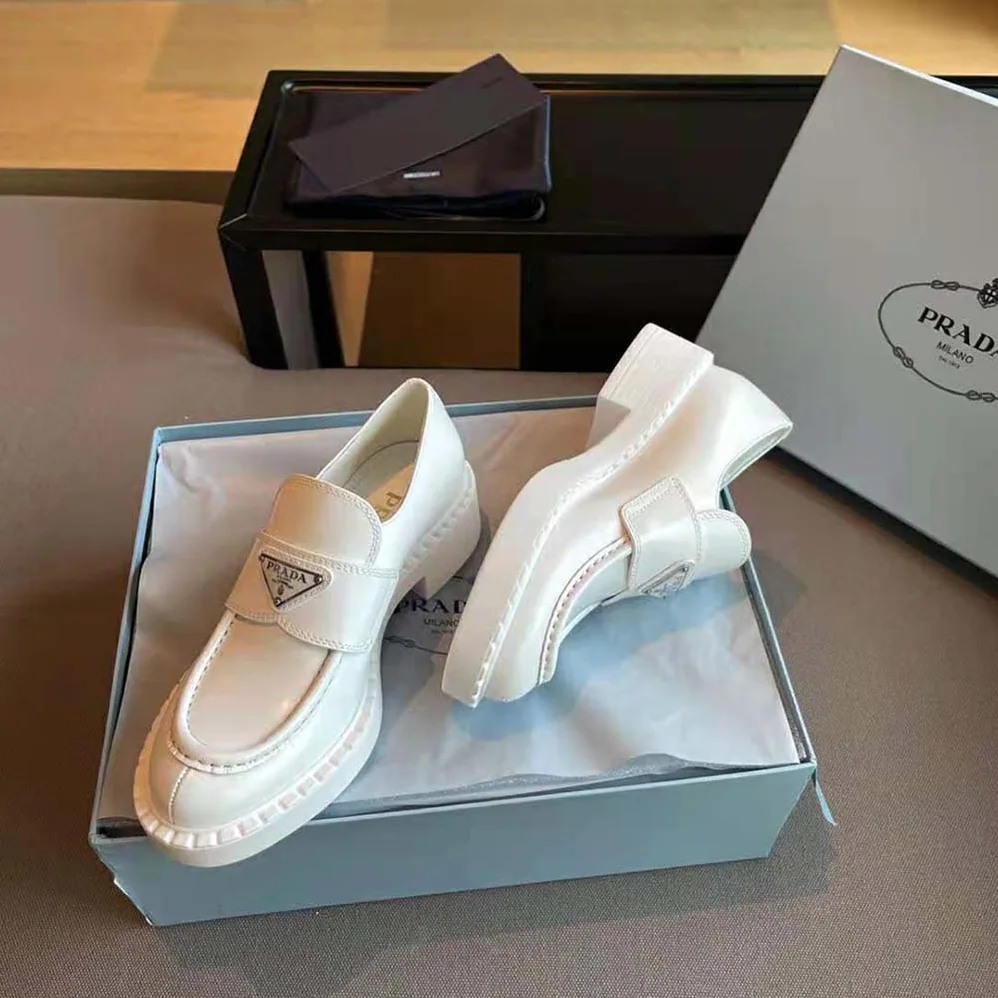 Prada Brushed Leather Loafers for Women in White Prada Brushed Leather Loafers for Women in White
