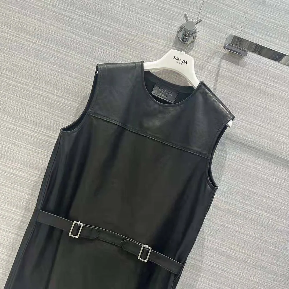 Prada Leather Dress with Knit Triangle Logo for Women in Black Prada Leather Dress with Knit Triangle Logo for Women in Black