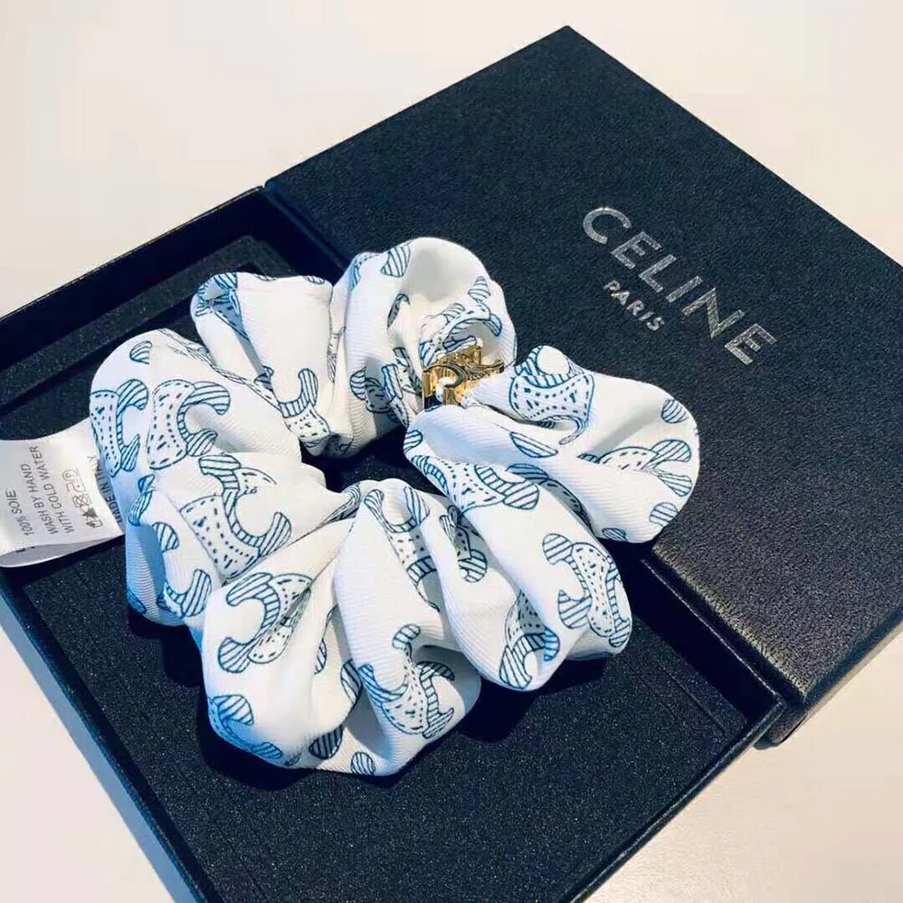 Celine Scrunchy Celine Triomphe Toile De Jouy Bracelet in Brass with Gold Finish and White and Navy Silk for Women Celine Scrunchy Celine Triomphe Toile De Jouy Bracelet in Brass with Gold Finish and White and Navy Silk for Women