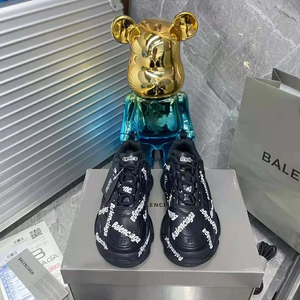 Balenciaga Triple S Logotype Sneaker in Black and White Technical Material for Women
