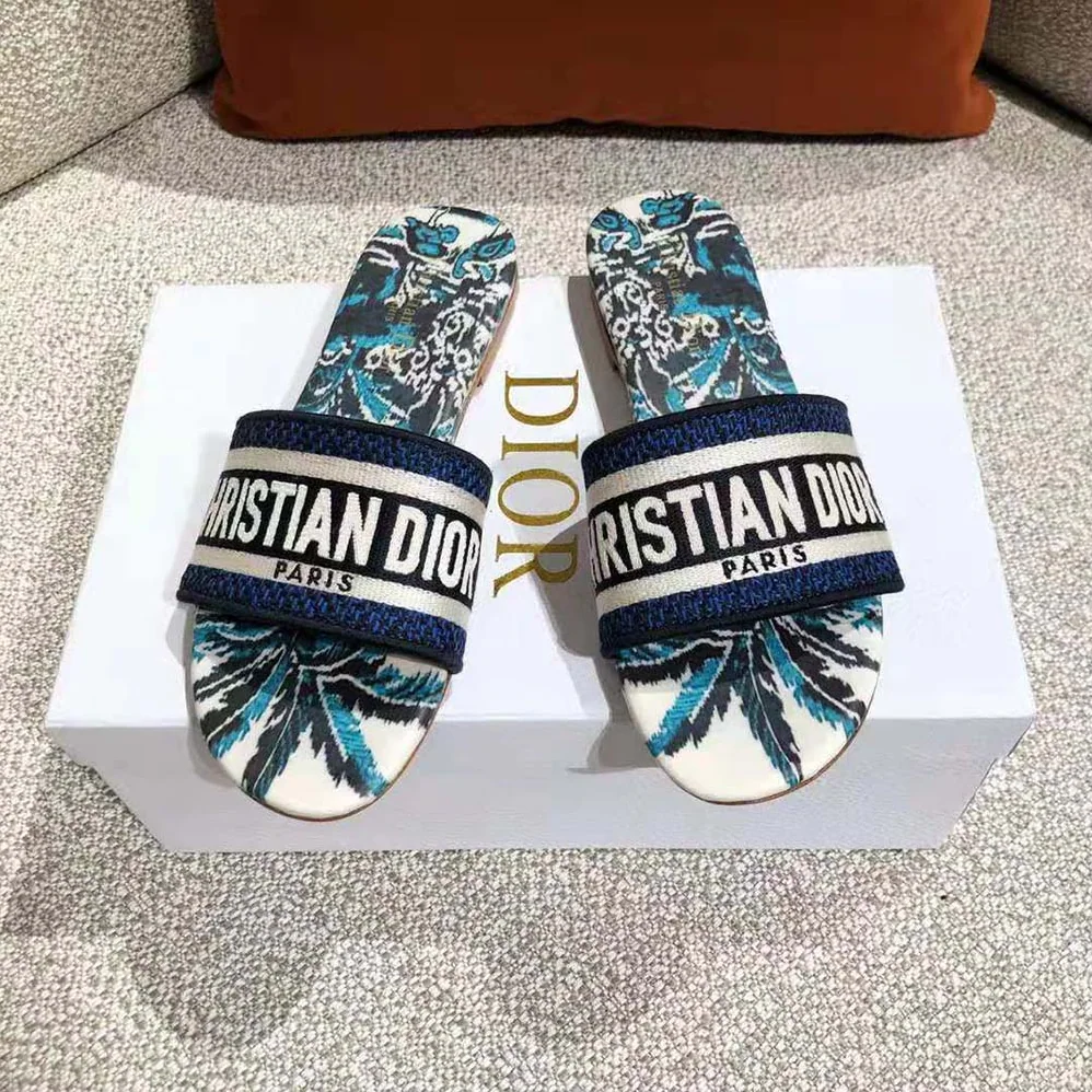 Dior Dway Slide Indigo Blue Dior Palms Embroidered Cotton for Women Dior Dway Slide Indigo Blue Dior Palms Embroidered Cotton for Women