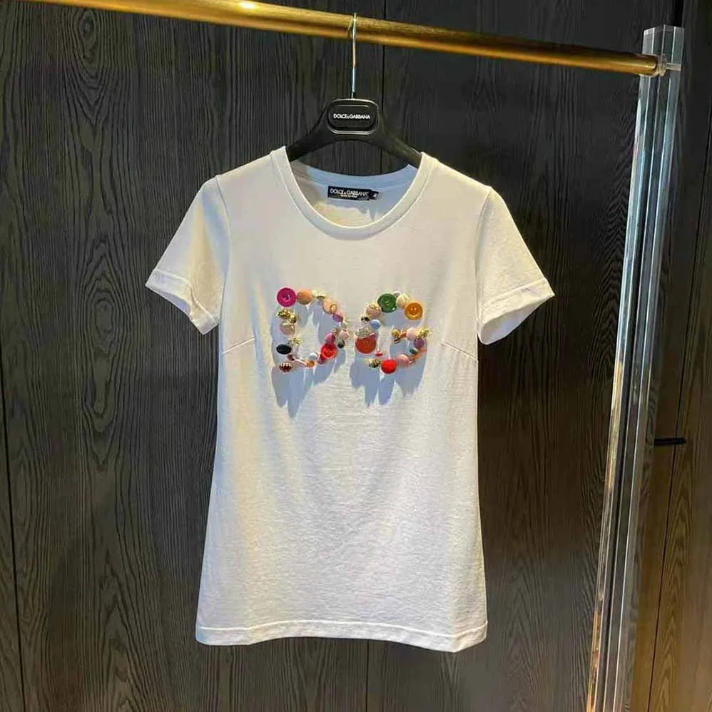 Dolce Gabbana D&G Short-Sleeved Jersey T-Shirt with DG Button Embellishment for Women