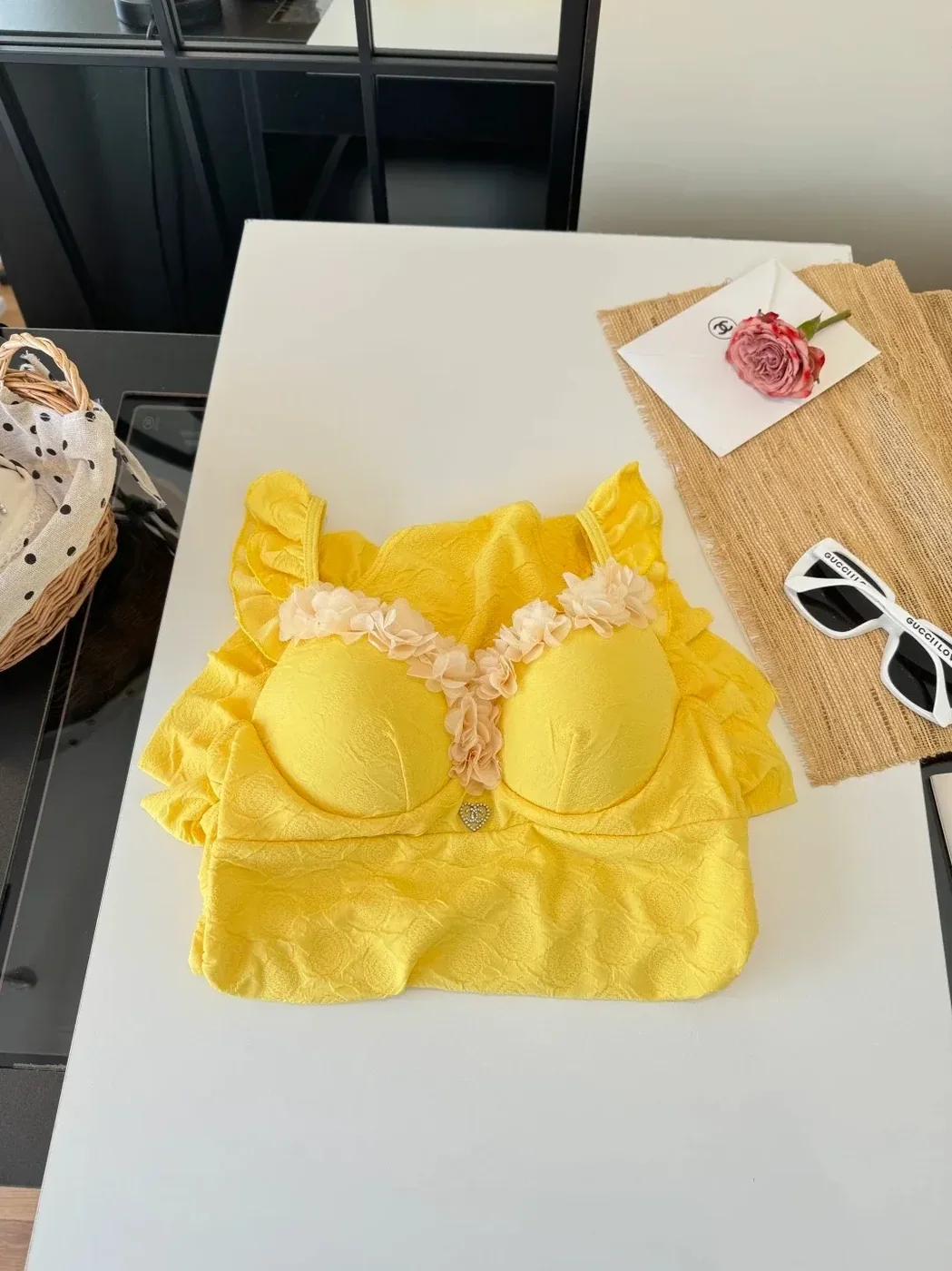 Chanel Vintage Floral Ruffled One in Piece Swimsuit Yellow
