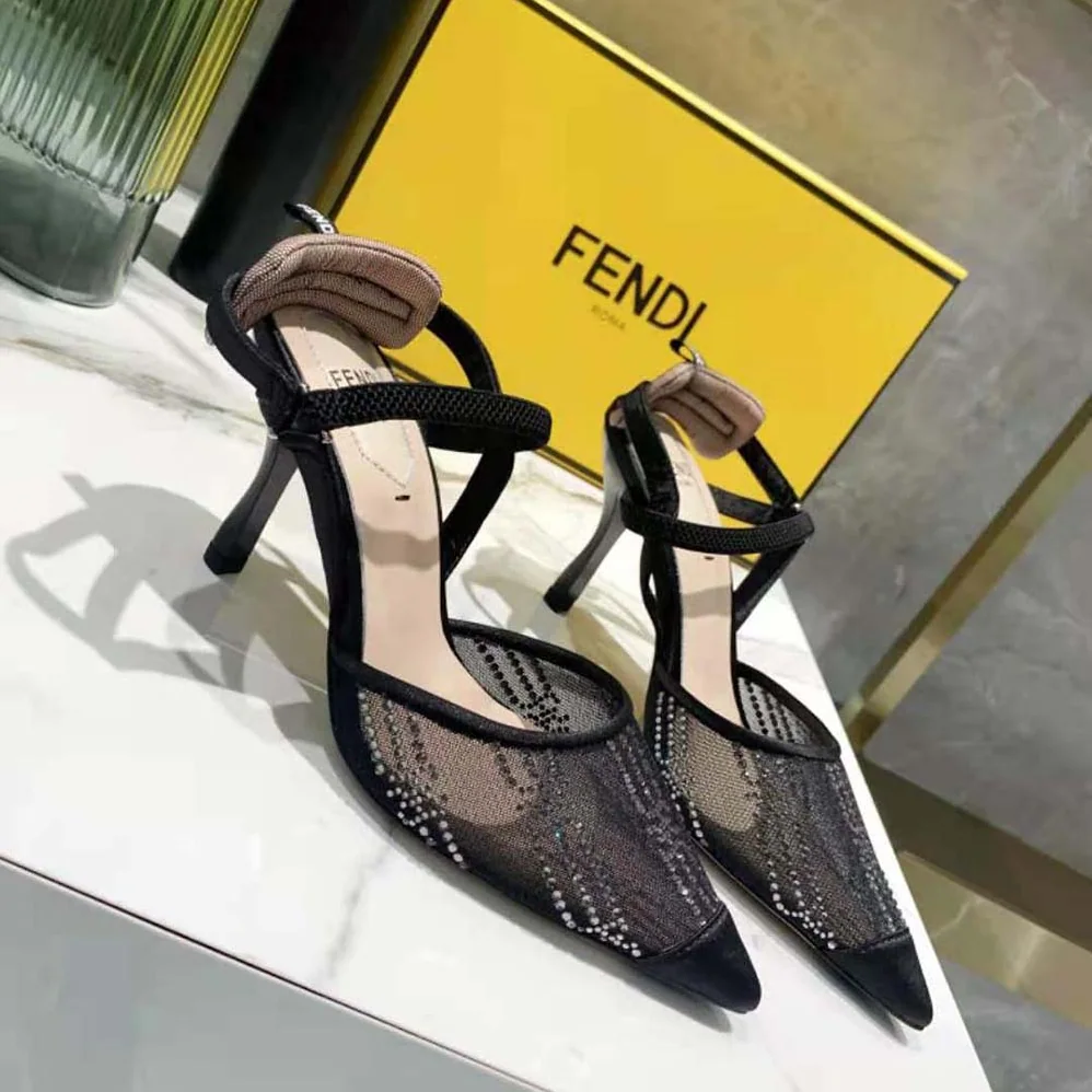 Fendi Colibri Medium Heel Slingbacks in Black Mesh with Rhinestone Embroidery for Women Fendi Colibri Medium Heel Slingbacks in Black Mesh with Rhinestone Embroidery for Women