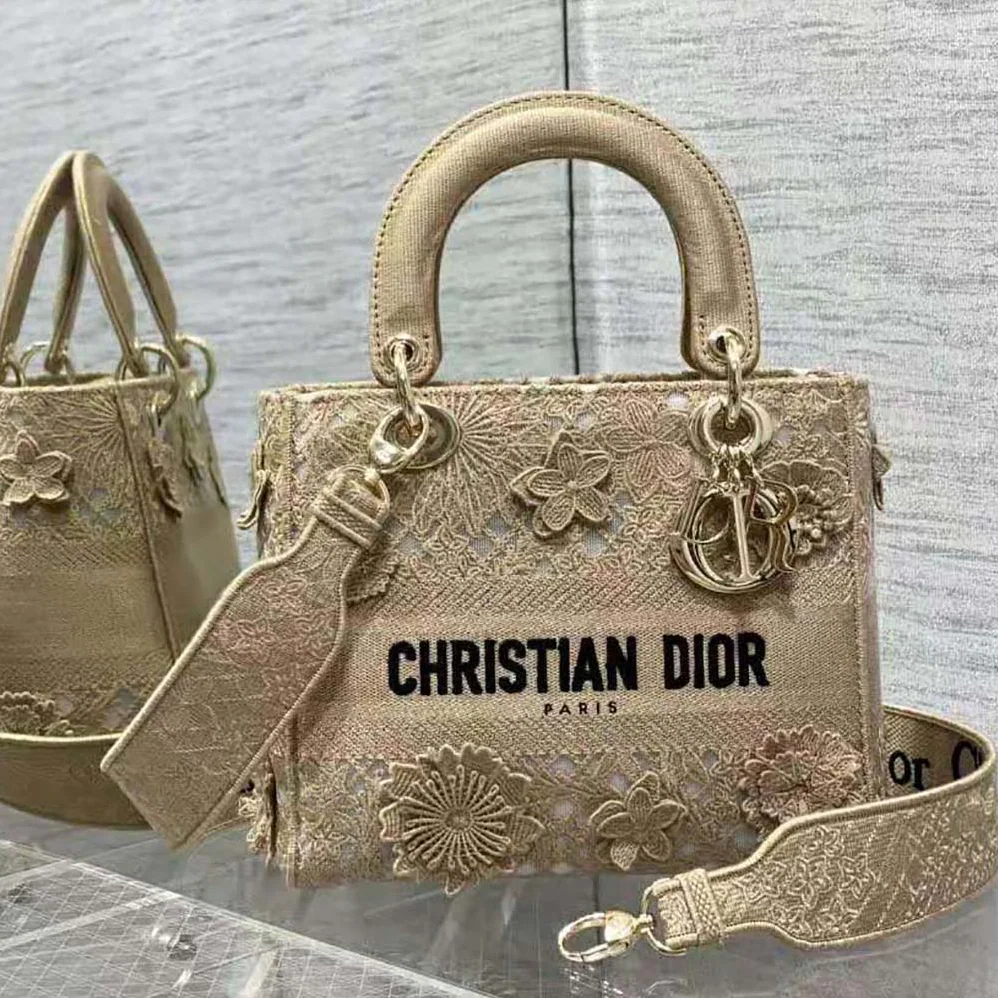 Dior Medium Lady D-lite Bag Natural D-Lace Embroidery with 3D Macramé Effect for Women