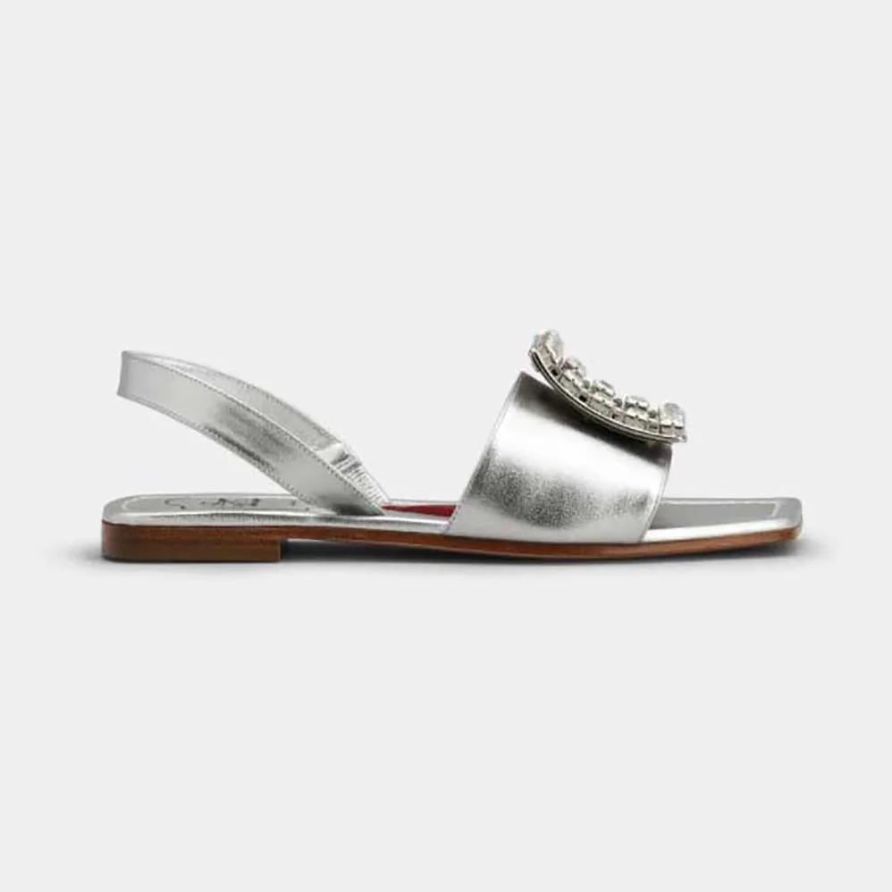 Roger Vivier Biki Love Strass Buckle Sandals in Leather for Women in Silver Roger Vivier Biki Love Strass Buckle Sandals in Leather for Women in Silver