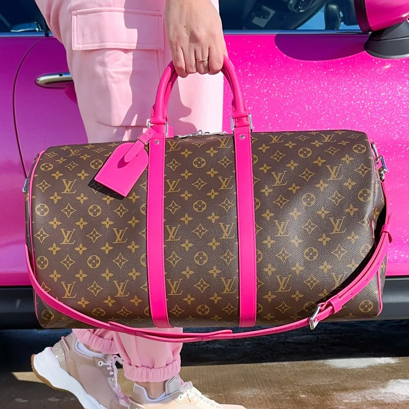 Louis Vuitton Keepall Bandouliere 50 Travel Bag in Brown/ Pink Silver Hardware Louis Vuitton Keepall Bandouliere 50 Travel Bag in Brown/ Pink Silver Hardware